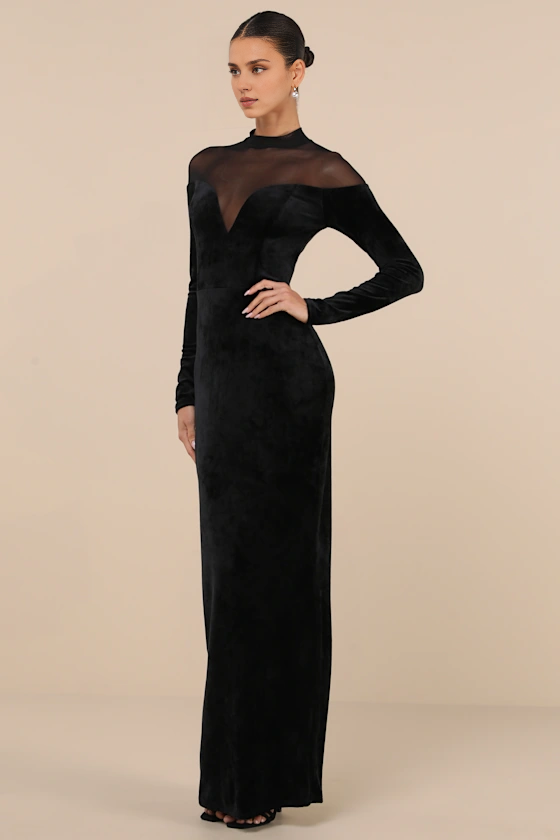 Vestidos formales Weitese para mujer, un ejemplo de estilo elegante, de terciopelo negro, cuello alto, manga larga y maxivestido en tiendas de vestidos de fiesta.